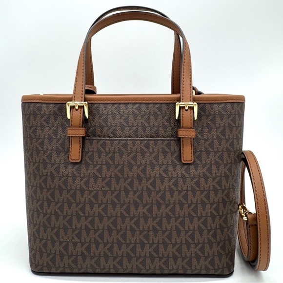 Michael Kors Jet Set Travel Extra-Small Logo Top-Zip lote Bag Brown Signature - Picture 6 of 10